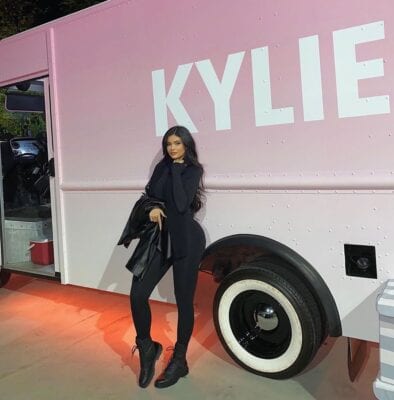Kylie Jenner in front of Kylie Skin custom food truck