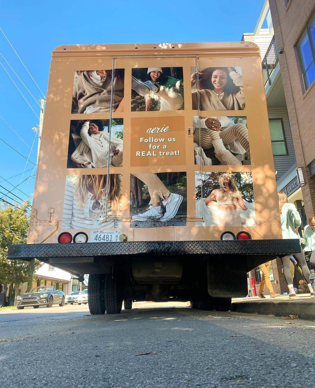 Tan waffle truck with nine photos of smiling women and “nexie Follow us for a REAL treat!” text.