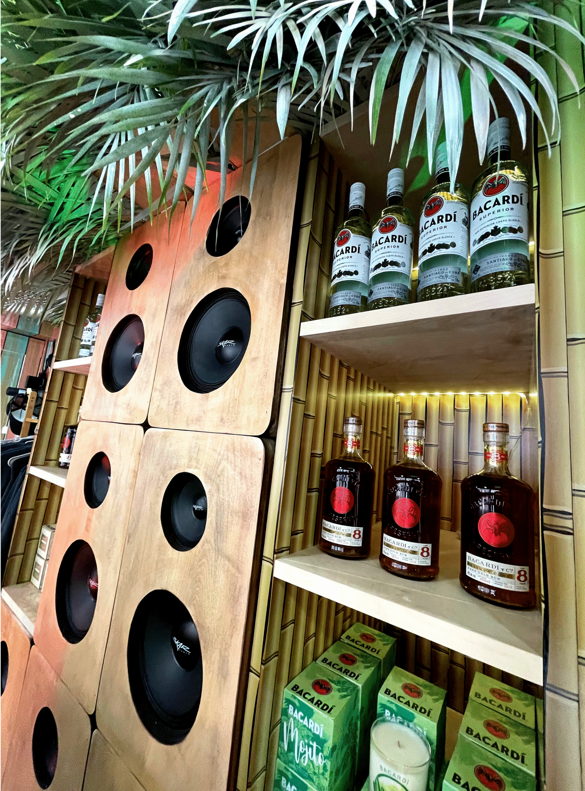 Bacardi rum bottles on shelves, green boxes below, large speakers, and palm leaves overhead.