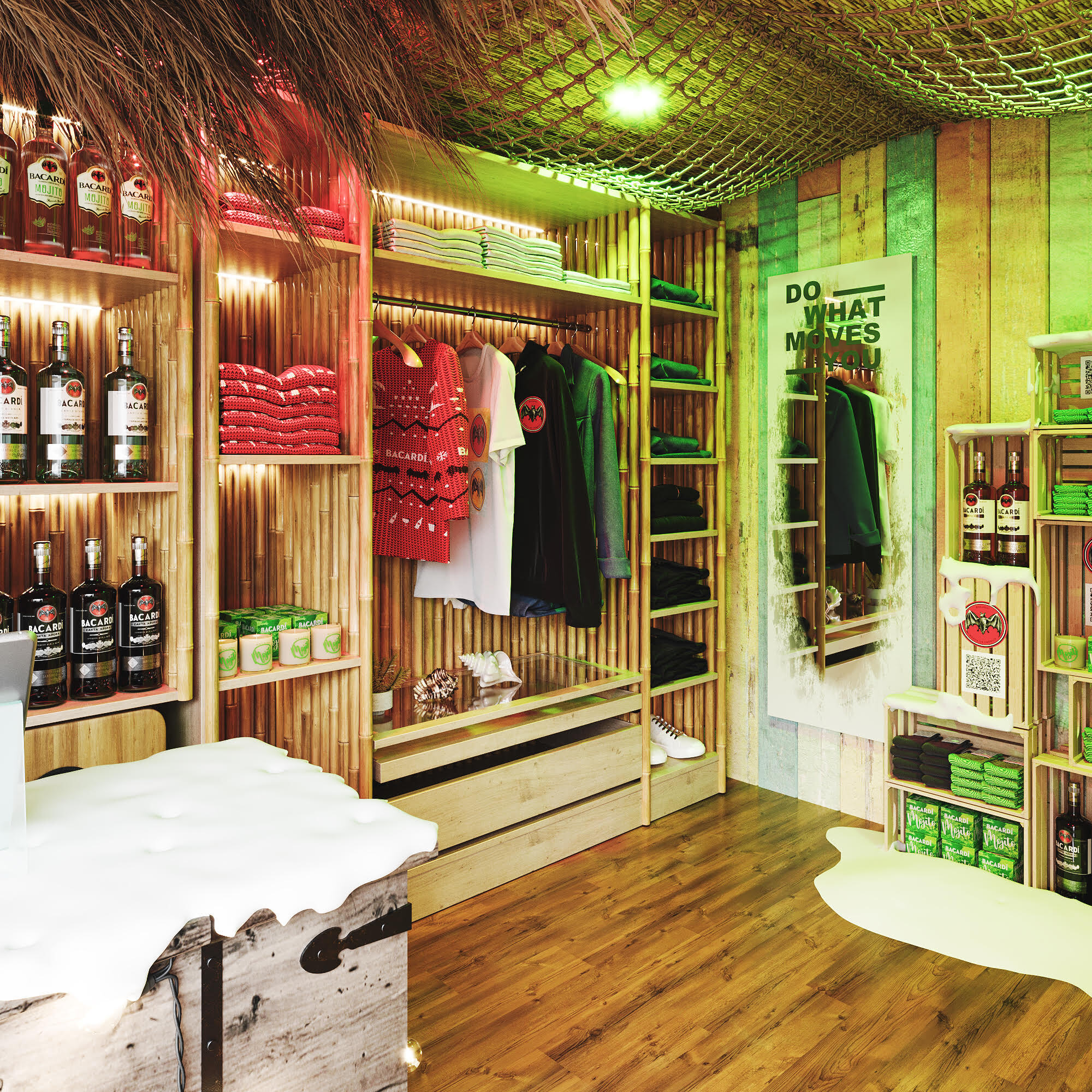 Tropical holiday pop-up store with wooden shelves, red and green clothes, and festive decor.