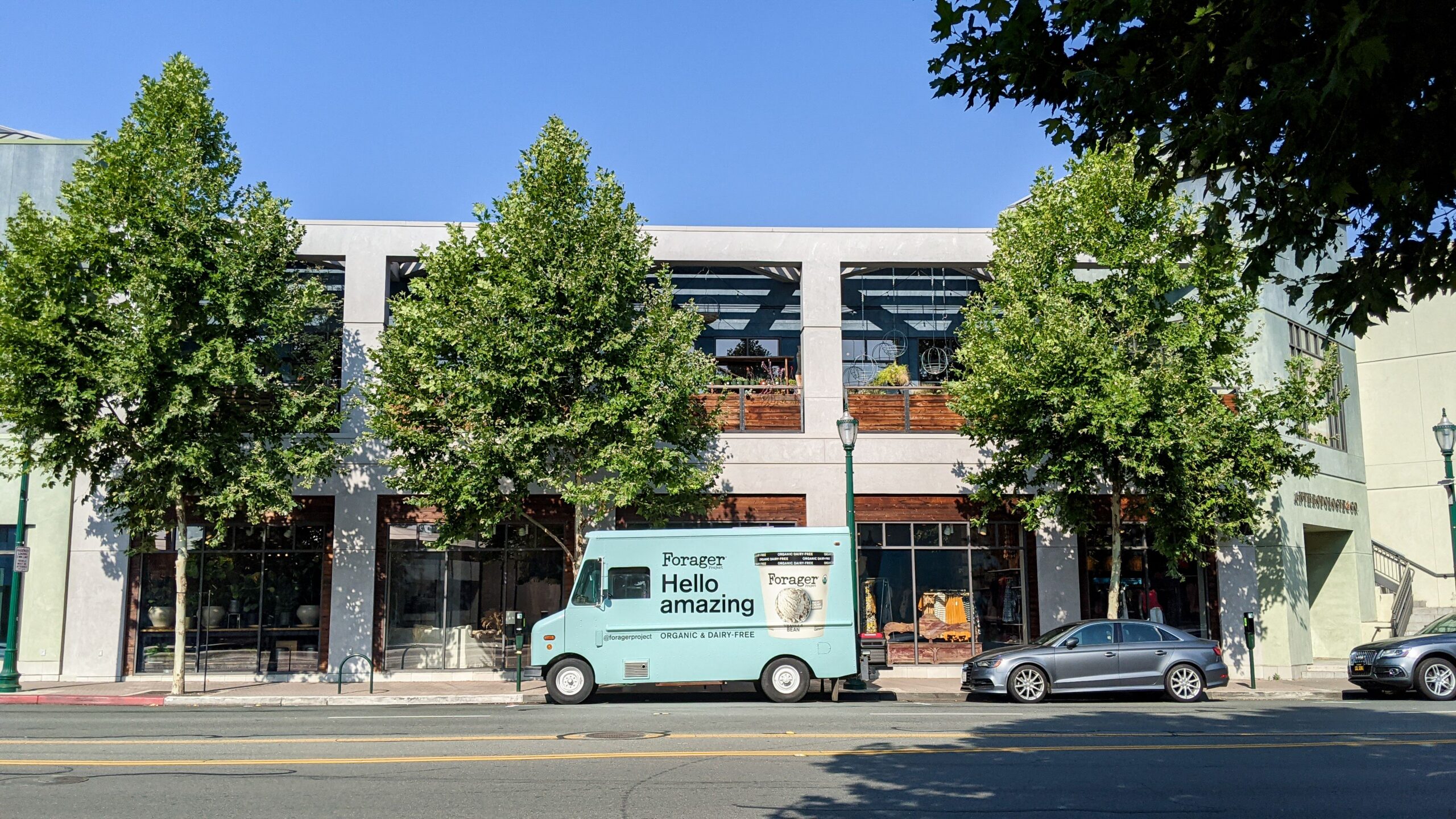 Light blue food truck with "Bonjour! Hello amazing" parked by a building; black car behind it.