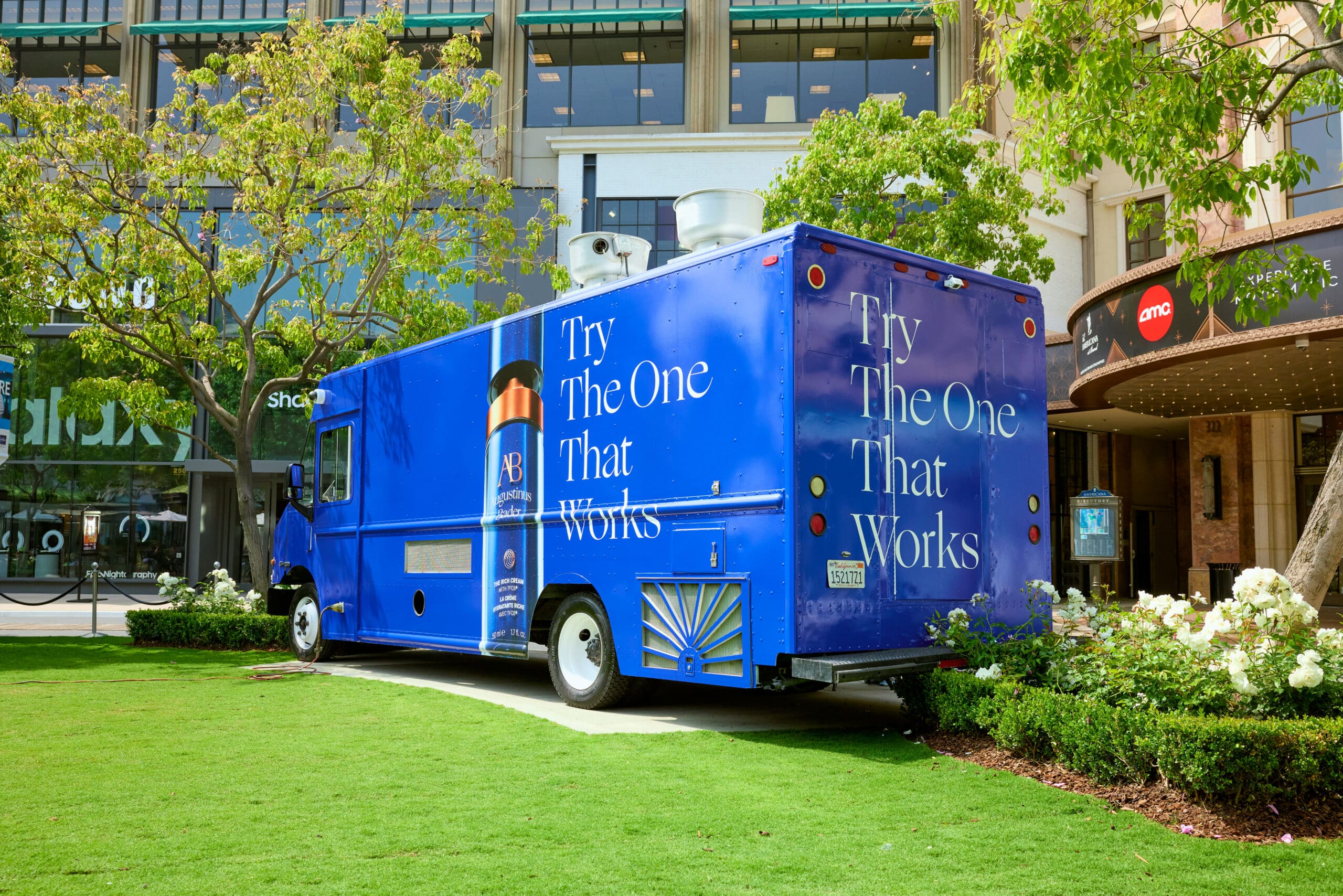 Blue food truck with "Try The One That Works" slogan parked on grass by a shopping center.
