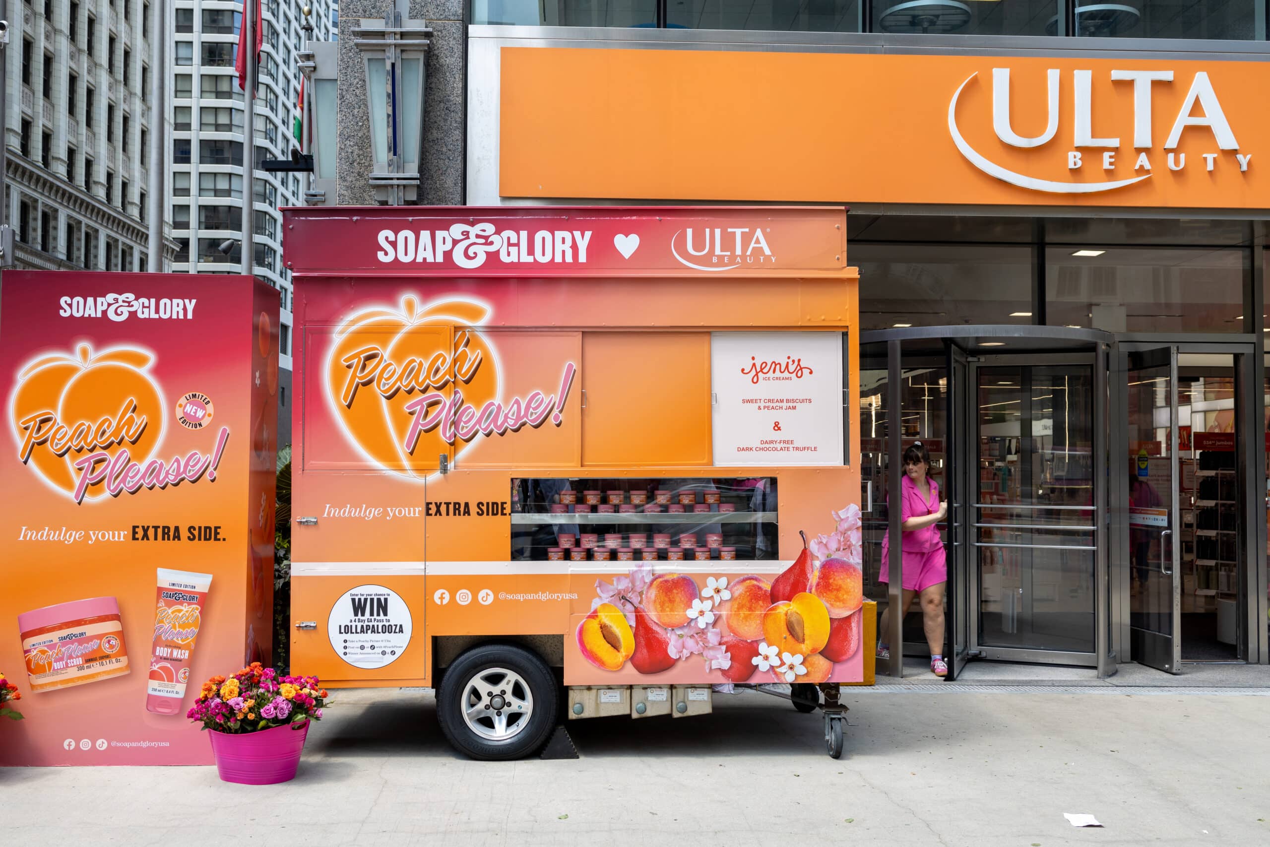 Peach-themed Soap & Glory truck with display and "Peach Please!" sign outside Ulta Beauty.