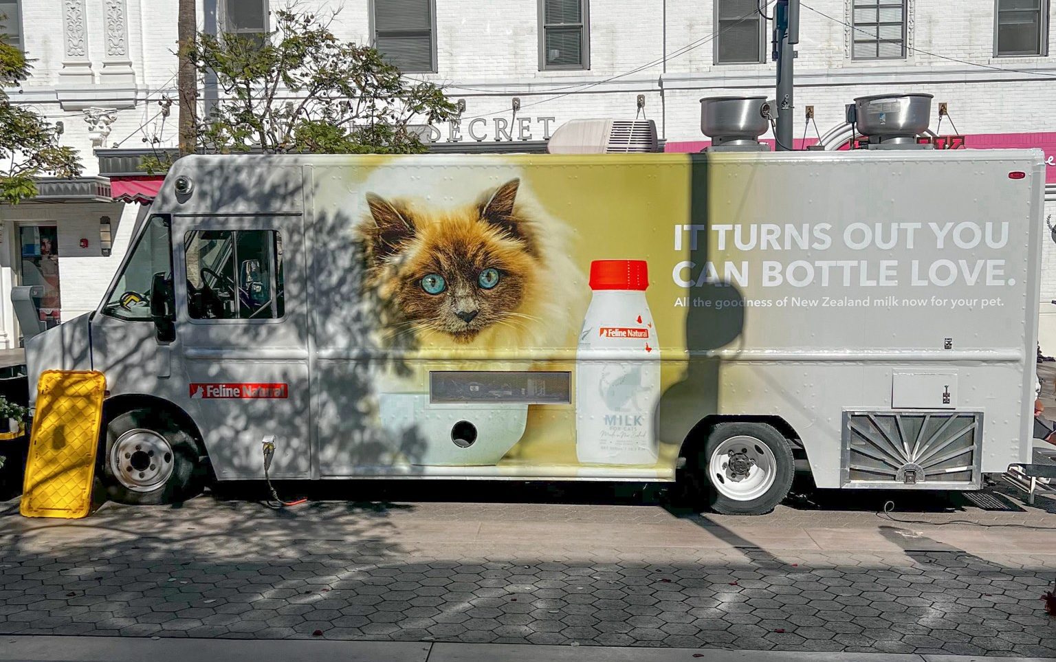 Food truck ad shows a cat, milk bottle, and slogan about New Zealand milk for pets.