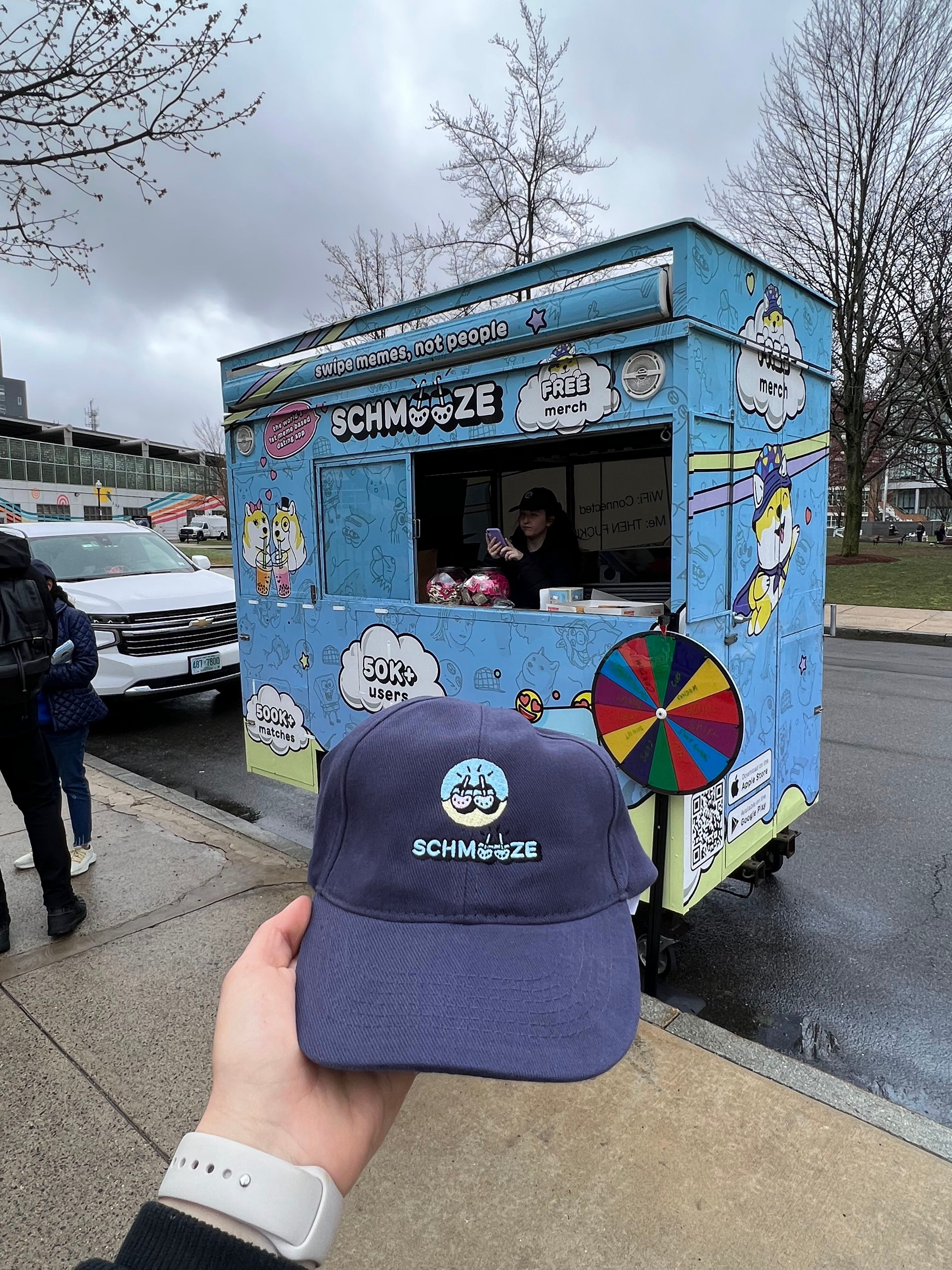 Schmooze branded cart and hat