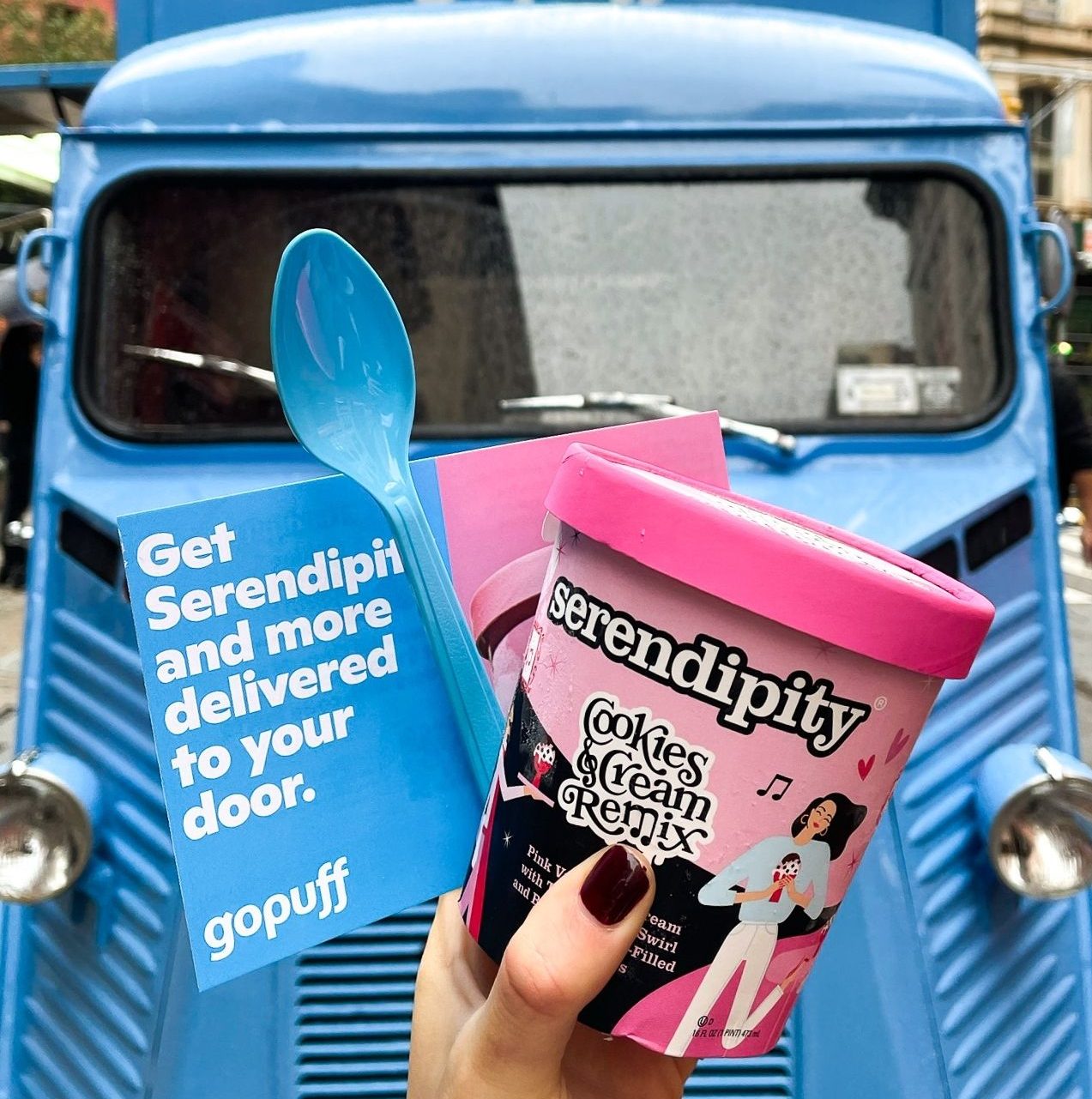 Gopuff guerrilla marketing campaign handing out Serendipity ice cream in New York.