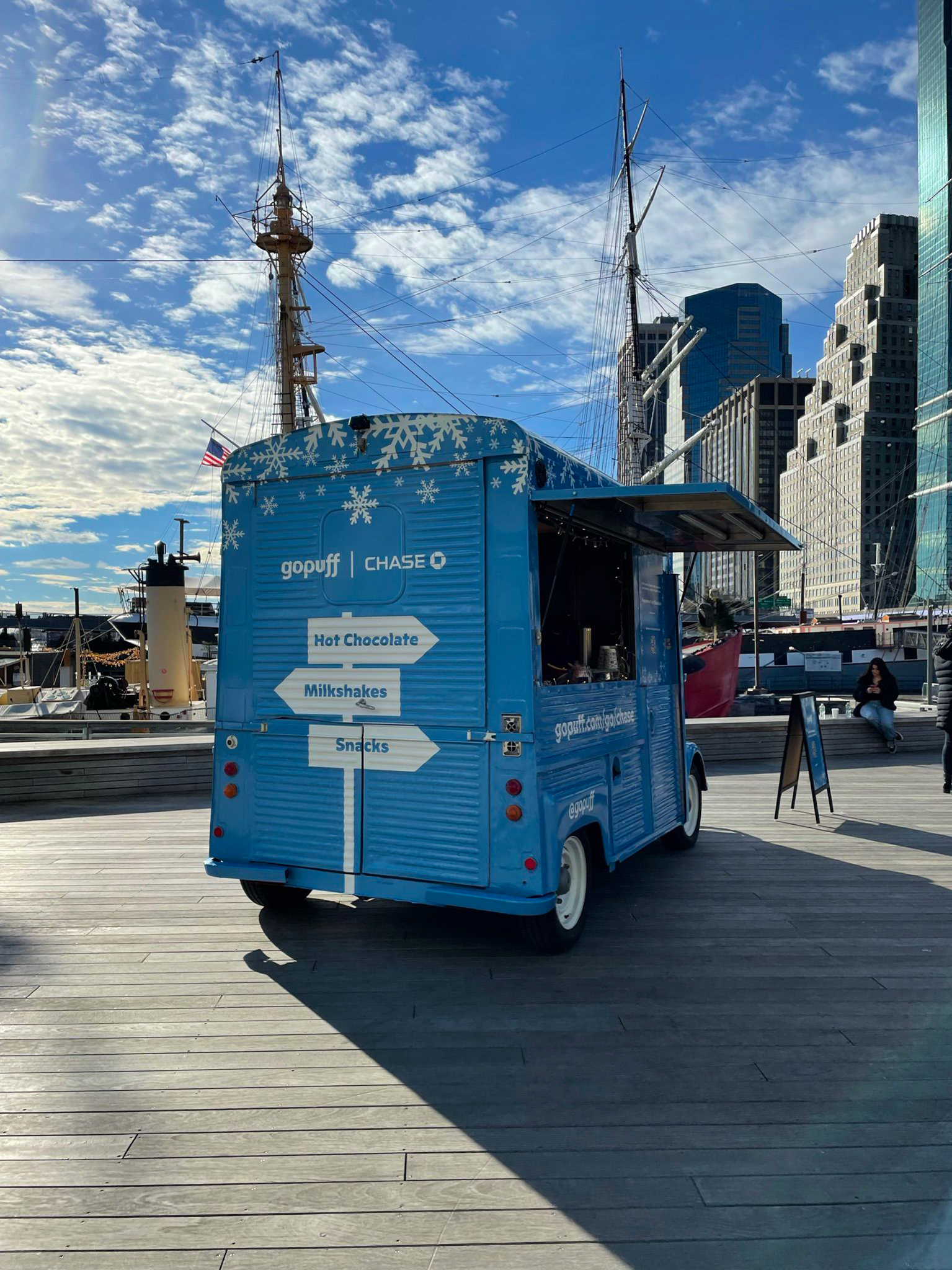 Chase and Gopuff branded truck by Pier 17, NYC.