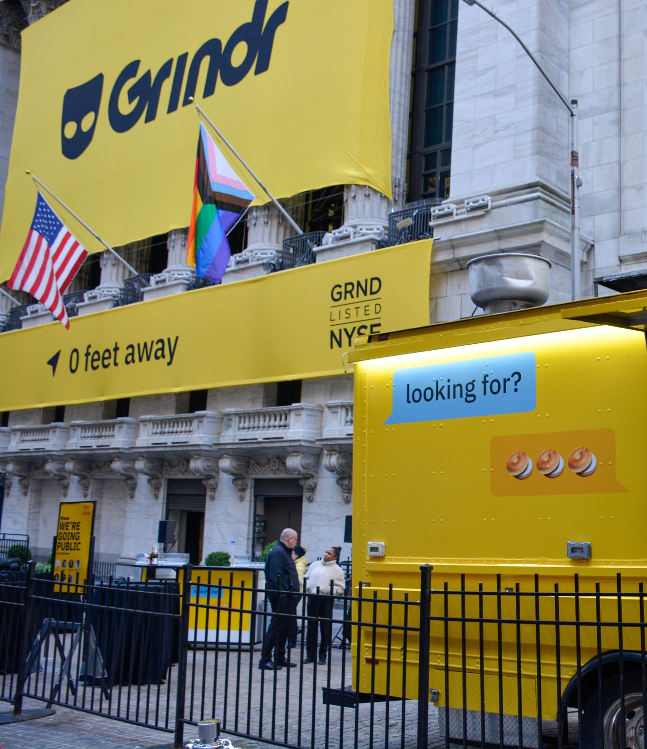 Grindr branded food truck on Wall Street for IPO.