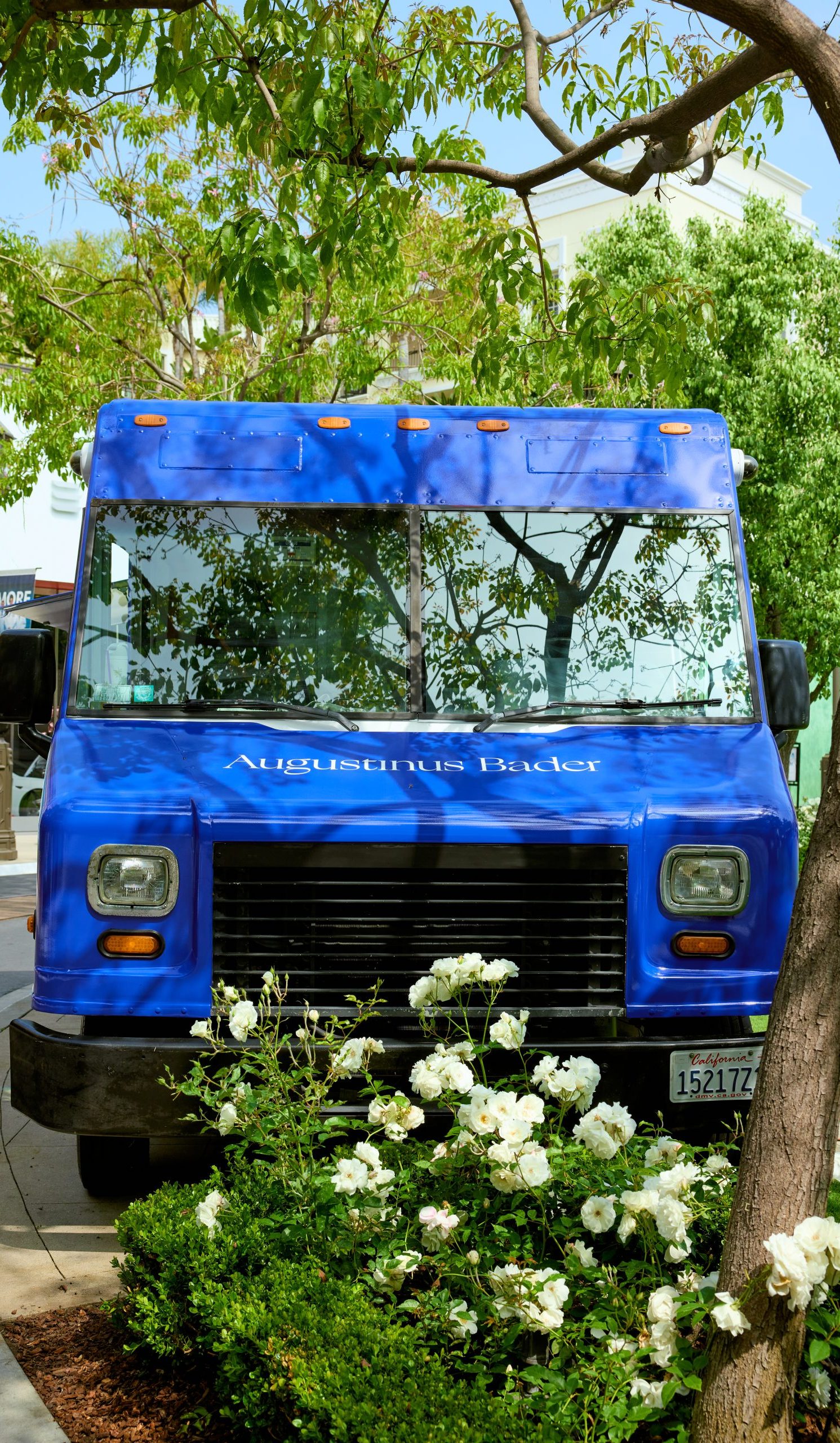 Blue Augustinus Bader food truck parked on a street, partly hidden by white flowering bushes.