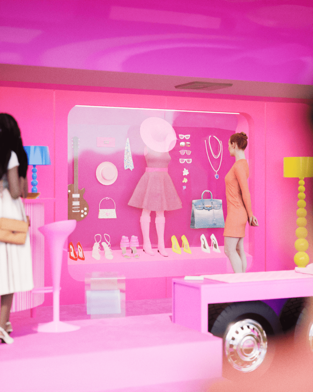 Barbie mobile pop-up display case showing a variety of Barbie attire and accessories.
