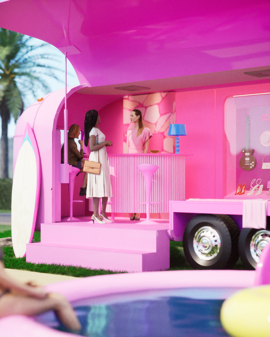 A guest and brand ambassador conversing inside of the Barbie mobile pop-up truck