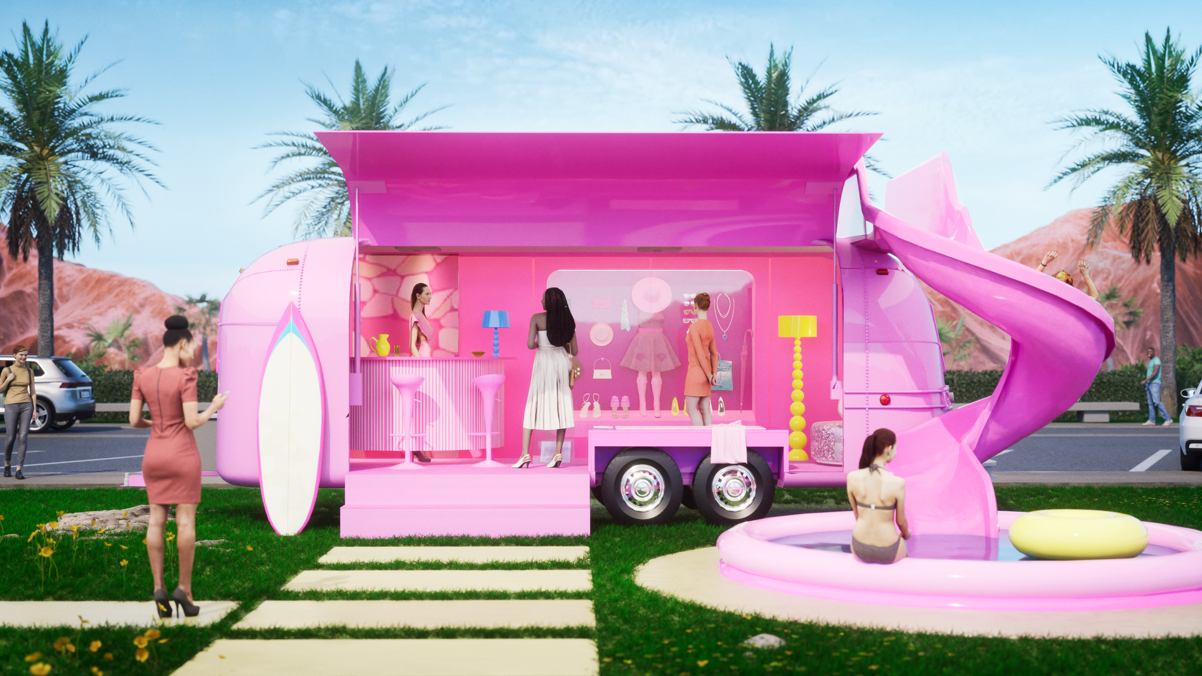 Rendering of a Barbie themed pink airstream with a water slide a pool and people enjoying the event.