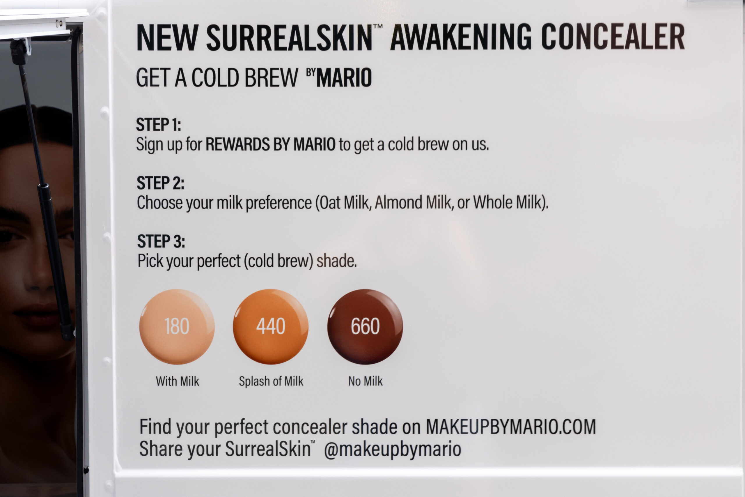Makeup by Mario SurrealSkin Concealer shades 180, 440, and 660, labeled with milk options.