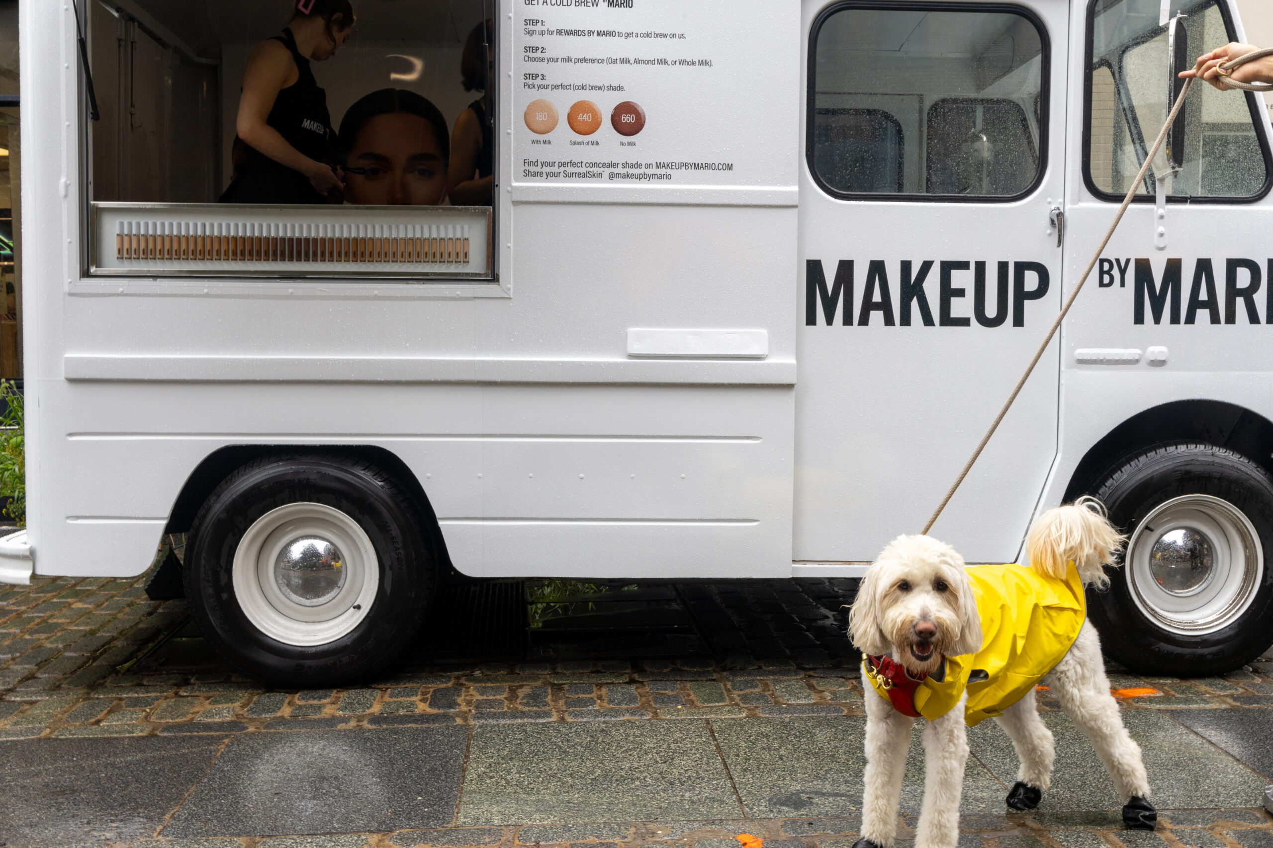 White dog in a yellow raincoat stands by a white Makeup by Mario truck with a person inside.