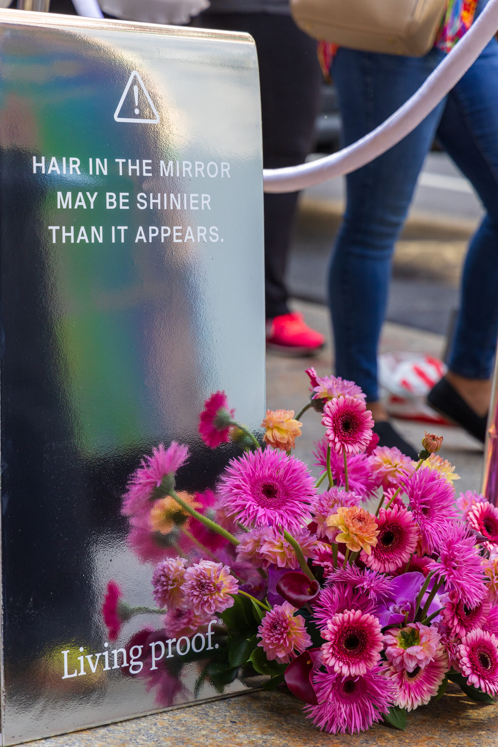 Silver sign with “HAIR IN THE MIRROR MAY BE SHINIER THAN IT APPEARS,” pink flowers at base.