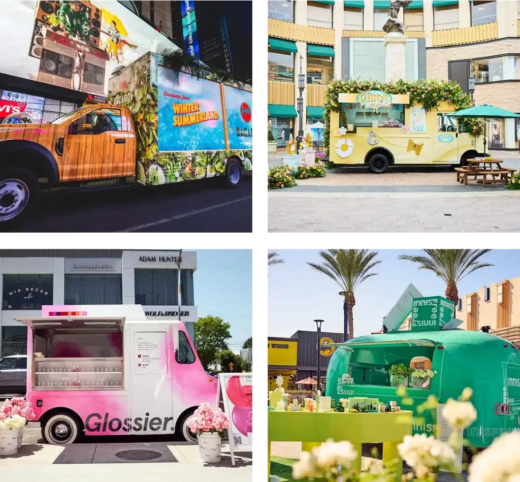 A collage of four colorful trucks showcases the benefits of experiential marketing: a forest-themed food truck, a yellow lemonade stand, a pink Glossier truck, and a green truck with palm trees. Each is uniquely decorated to reflect its brand and offerings.