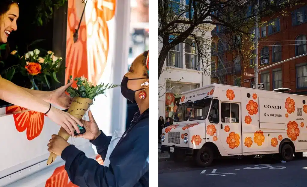 Left: A person in a black mask receives a bouquet wrapped in paper from a smiling person in a floral-themed vehicle, showcasing the benefits of experiential marketing. Right: A branded Coach vehicle adorned with orange flowers is parked on a lively street lined with buildings and trees.