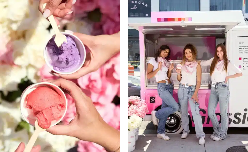 On the left, two cups of colorful ice cream, one purple and one red, held over a backdrop of white and pink flowers. On the right, showcasing the benefits of experiential marketing, three women in casual outfits pose happily in front of a pink ice cream truck.