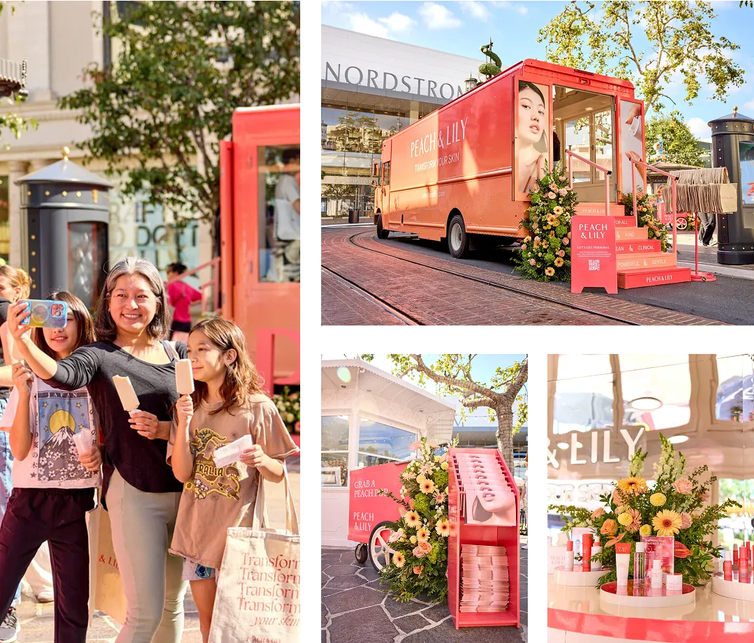 A bright peach-colored beauty truck showcases the benefits of experiential marketing at an outdoor mall. People enjoy popsicles and take selfies, surrounded by skincare displays, flowers, and promotional materials designed to create memorable experiences.