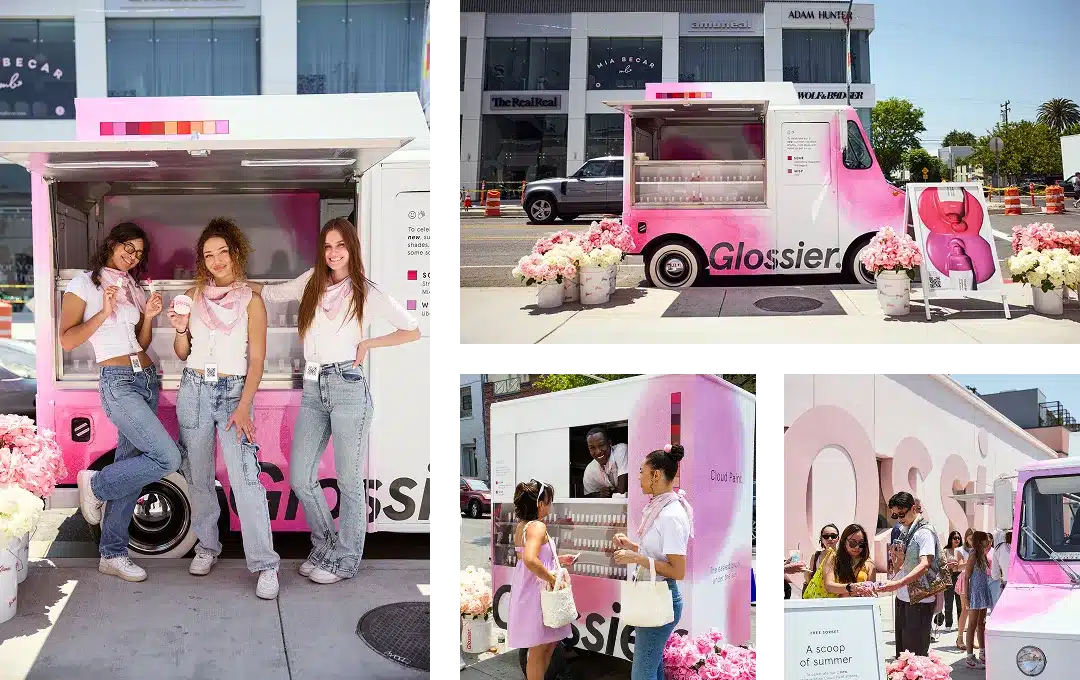 Three images of a Glossier ice cream truck showcase the benefits of experiential marketing. In the main image, three women with ice cream cups pose beside the pink floral-adorned vehicle. Smaller images capture people receiving treats at the serving window, creating memorable brand interactions.