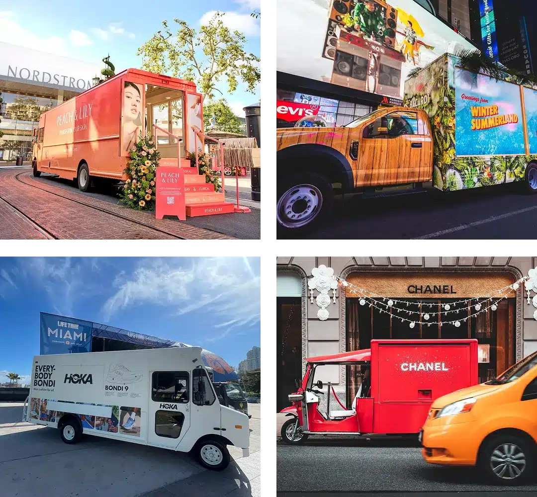 Four images showcase the benefits of experiential marketing: 1. Orange Peach & Lily truck near Nordstrom. 2. Disney Winter Summerland vehicle in Times Square. 3. HOKA promoting shoes in Miami with a branded truck. 4. Red Chanel stall on a city street as a yellow taxi passes by, engaging passersby creatively.