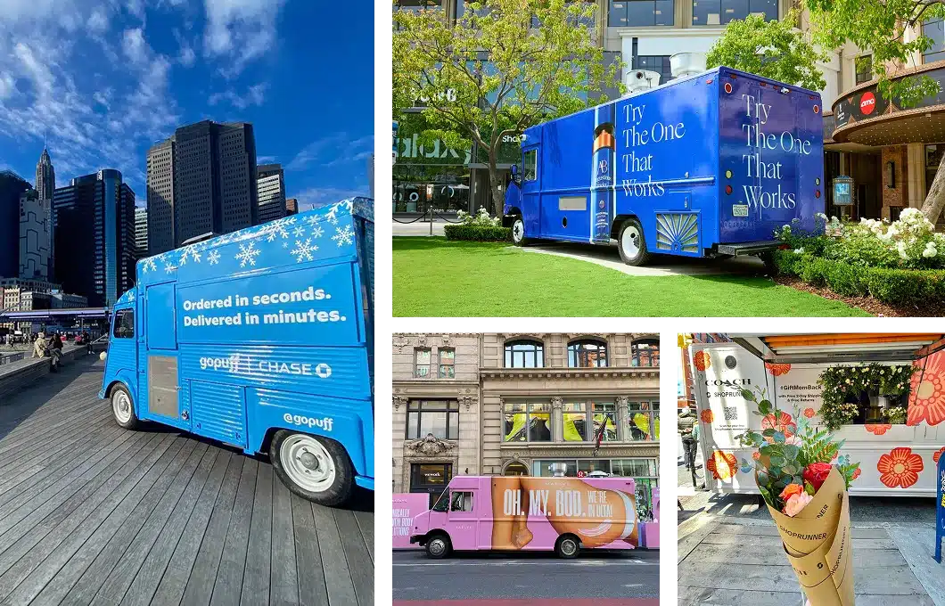 A vibrant collage of food trucks showcases the benefits of experiential marketing with each truck boasting unique branding. The scene, set against city buildings and a waterfront boardwalk under a blue sky, includes trees and a charming flower stand.