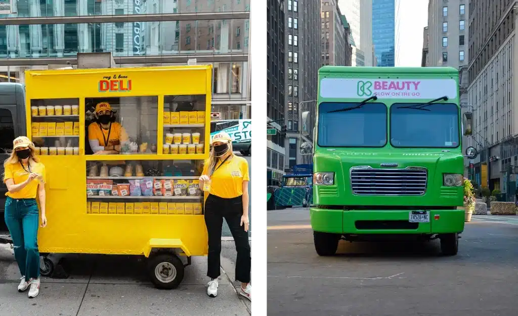 Split image of two food trucks: Left shows a bright yellow deli truck featuring food items and two people in matching yellow shirts and hats; Right highlights experiential marketing with a green beauty services truck sporting the "Beauty Glow on the Go" sign, parked on a city street.