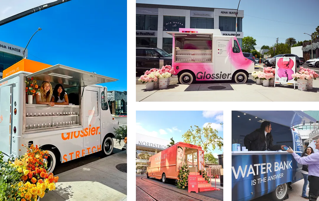 Collage of colorful trucks: a Glossier truck with pink and white decor, a Water Bank truck promoting products, another Glossier truck amidst pink flowers, and a Nordstrom truck serving customers—all showcasing the creativity of experiential marketing agencies.