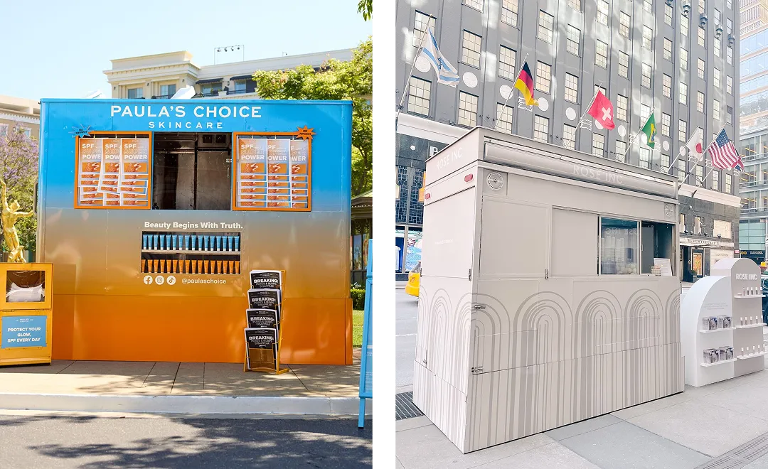 Split image showcasing two skincare kiosks. Left: Vibrant "Paula's Choice Skincare" booth brimming with product displays and signage, a nod to experiential marketing agencies. Right: Minimalist white kiosk with curved design elements and promotional shelves, both nestled in urban environments.