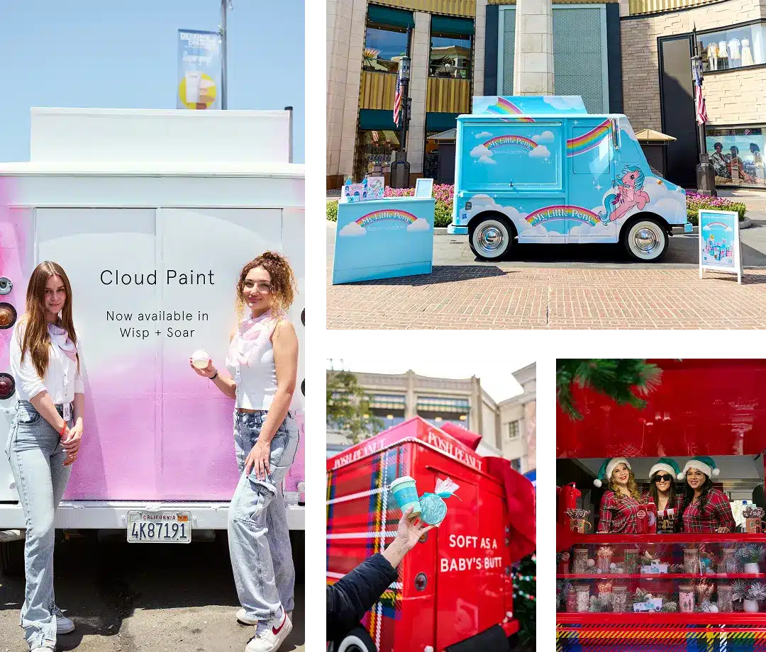 Collage of colorful trucks: a "Cloud Paint" truck with two women posing, a blue truck with a rainbow and unicorn, and a red truck with people inside. These eye-catching displays by experiential marketing agencies feature promotional signs outside.