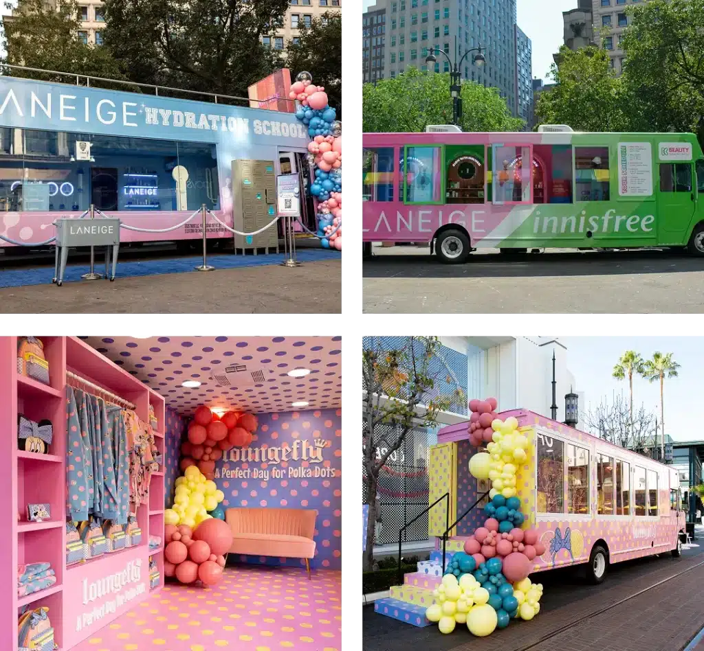 Collage of four images showcasing vividly themed buses converted into pop-up shops by experiential marketing agencies. They boast vibrant branding with names like Laneige and Loungefly; one is adorned with balloons, while another elegantly displays skincare products inside.