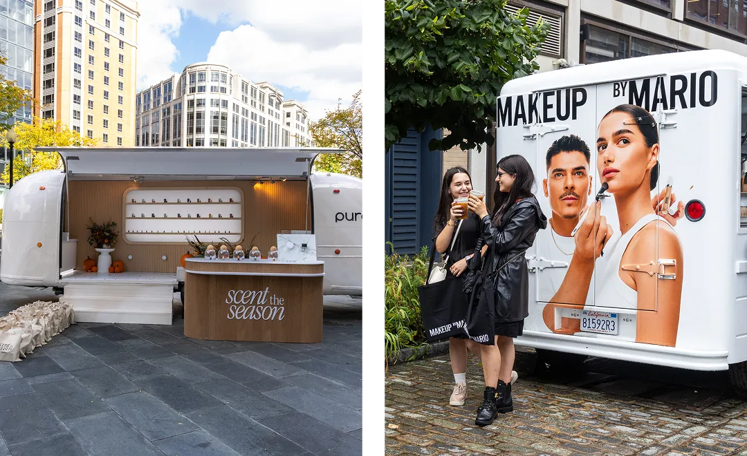 Left: A mobile perfume stand with a "scent the season" sign, wooden counter, and display of perfume bottles. Right: Two women stand near a van showcasing experiential marketing agencies in action, featuring a large "MAKEUP BY MARIO" ad with two models.