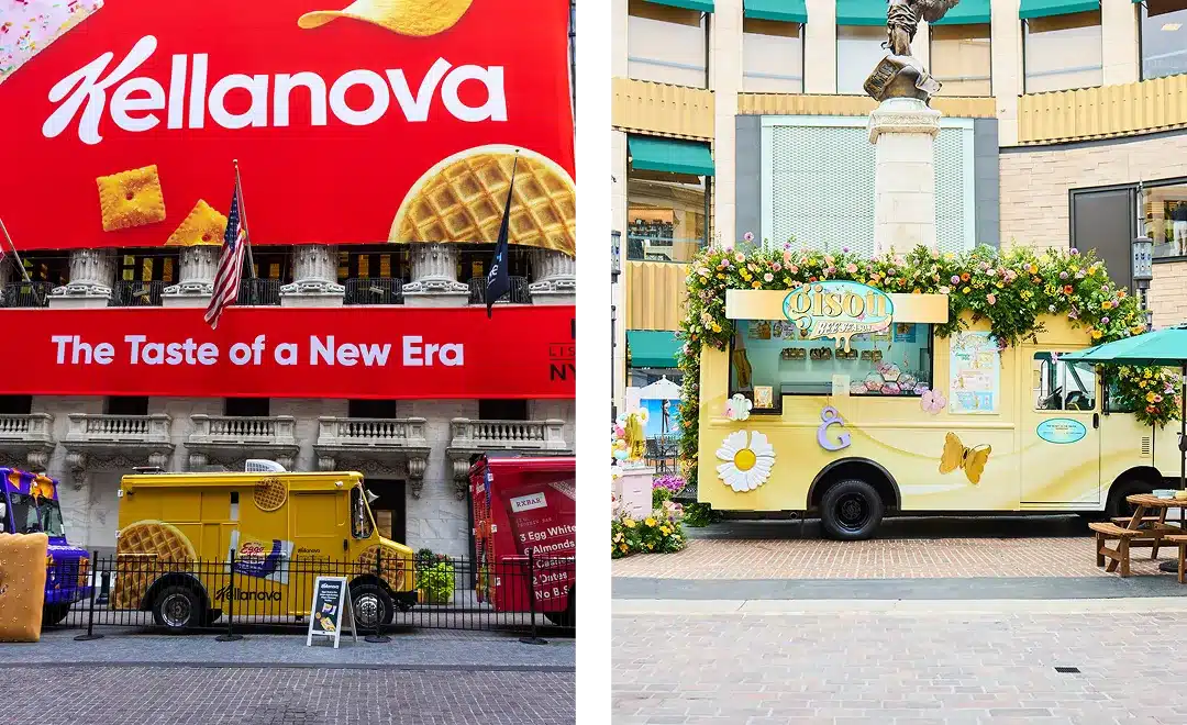 Split image: Left side shows a bright red Kellanova billboard above a yellow food truck. Right side features a pastel yellow food truck decorated with flowers in an outdoor plaza, illustrating innovative Experiential Marketing Strategies.