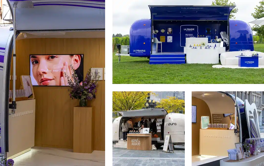 A collage showcases stylish mobile pop-up shops in trailers—an example of experiential marketing strategies—with a blue La Prairie booth on grass, modern product displays, and other branded trailers set up outdoors.