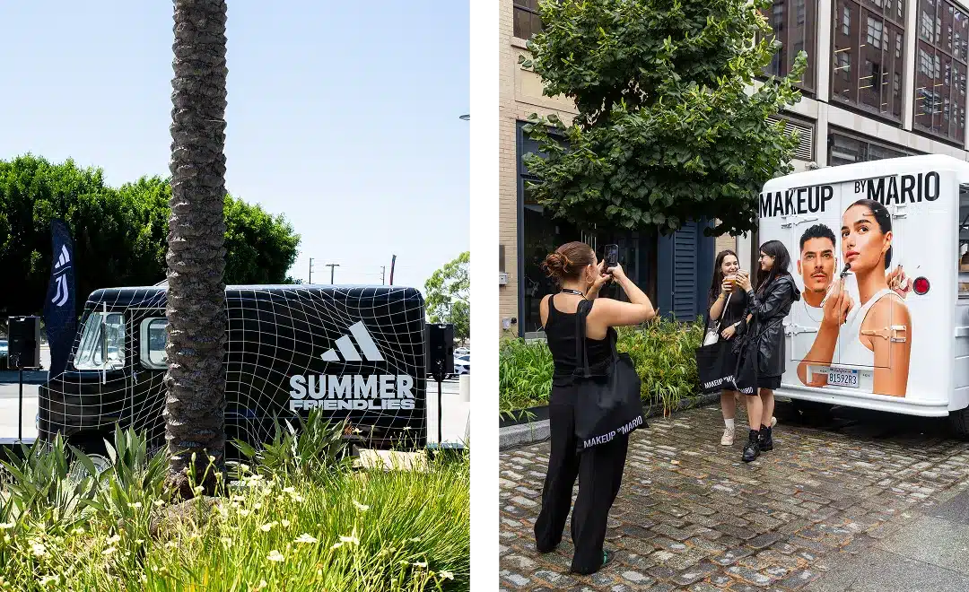Split image: Left, a black Adidas van with "Summer Friendlies" text embodies experiential marketing strategies by a palm tree. Right, three women snap photos by a “Makeup by Mario” beauty van on a cobblestone street.