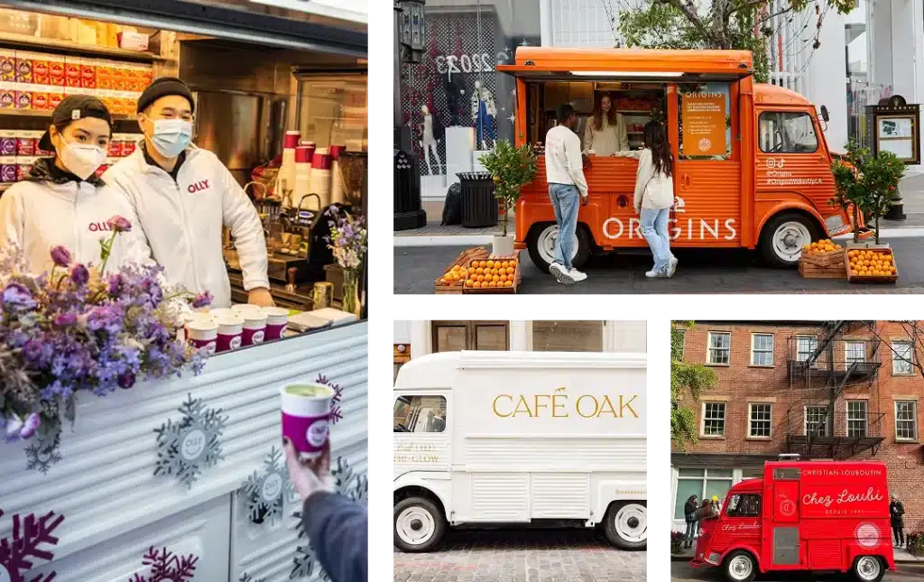 A collage of colorful food trucks, including orange, red, and white trucks with branded signs, showcases Experiential Marketing Strategies as people serve drinks and a customer holds a purple coffee cup at a festive, wintry outdoor event.