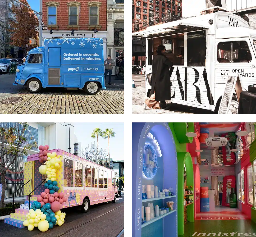 A collage of four stylish pop-up trucks and shops showcases innovative experiential marketing strategies: a blue delivery truck, a white fashion truck, a pastel food truck with balloons, and a colorful, modern beauty pop-up interior.