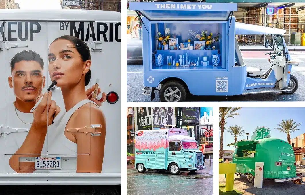 A collage of four colorful Experiential Marketing Vehicles: a makeup truck with two faces, a blue skincare tuk-tuk, a pastel blue striped van, and a vibrant green trailer, all promoting different beauty brands on city streets.