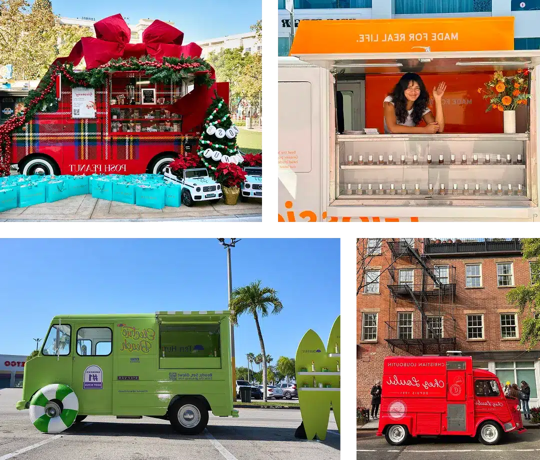 A collage of four colorful Experiential Marketing Vehicles: a red food truck decorated for Christmas, a white one with a woman inside, a green one with surfboards nearby, and a small red one parked in front of a brick building.