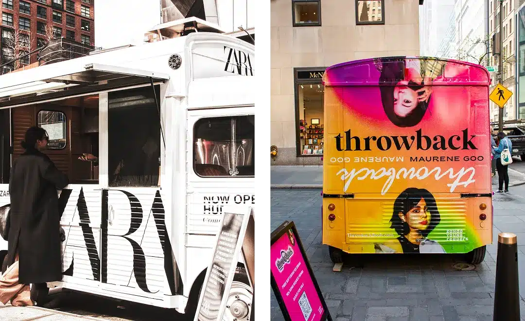 Split image: Left, a woman stands at a white food truck with bold "ZARA" text—an example of experiential marketing vehicles. Right, a colorful truck advertises "Throwback" by Maurene Goo, featuring a woman and vibrant pink, orange, and yellow hues.
