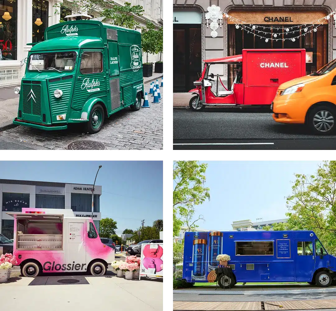 A collage of four colorful Experiential Marketing Vehicles: a green Gladys truck, a red Chanel truck, a pink Glossier truck shaped like a dog, and a blue Tiffany & Co. truck, each parked in different urban locations.