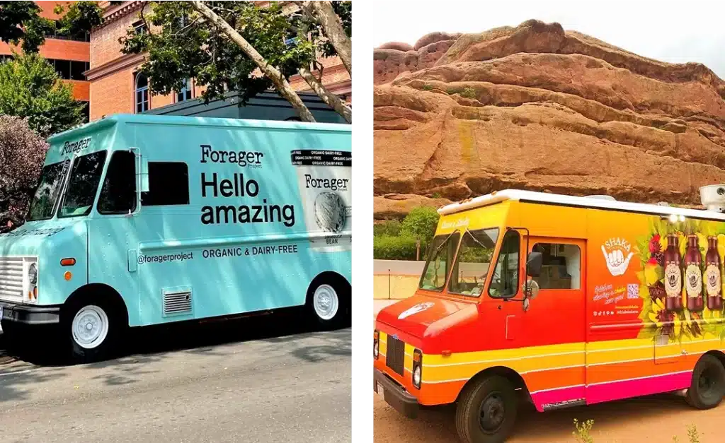 Split image of two food trucks: the left, a light blue "Forager" truck with "Hello amazing" text, parked near trees; the right, an orange and yellow truck by red rock formations—perfect examples of Experiential Marketing Vehicles in action.