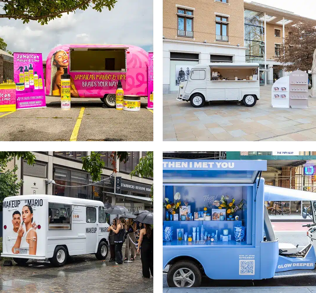 A collage of four vibrant Experiential Marketing Vehicles: a pink Jamaican Mango & Lime truck, a white truck with beauty ads, another white makeup truck in rain, and a blue "Then I Met You" skincare truck.