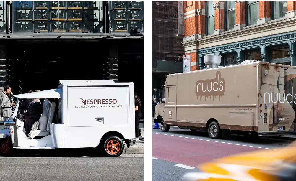 Split image showing two coffee trucks parked on city streets: the left truck is white with the Nespresso logo, the right truck is brown with the Nuuds logo and a dripping coffee design.