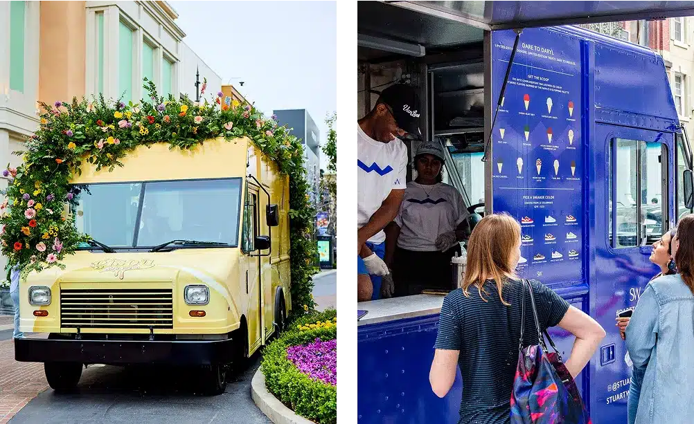 Left: A yellow food truck decorated with a lush arch of flowers parked near a building. Right: People stand in front of a blue food truck, reading the menu and ordering from the staff inside.