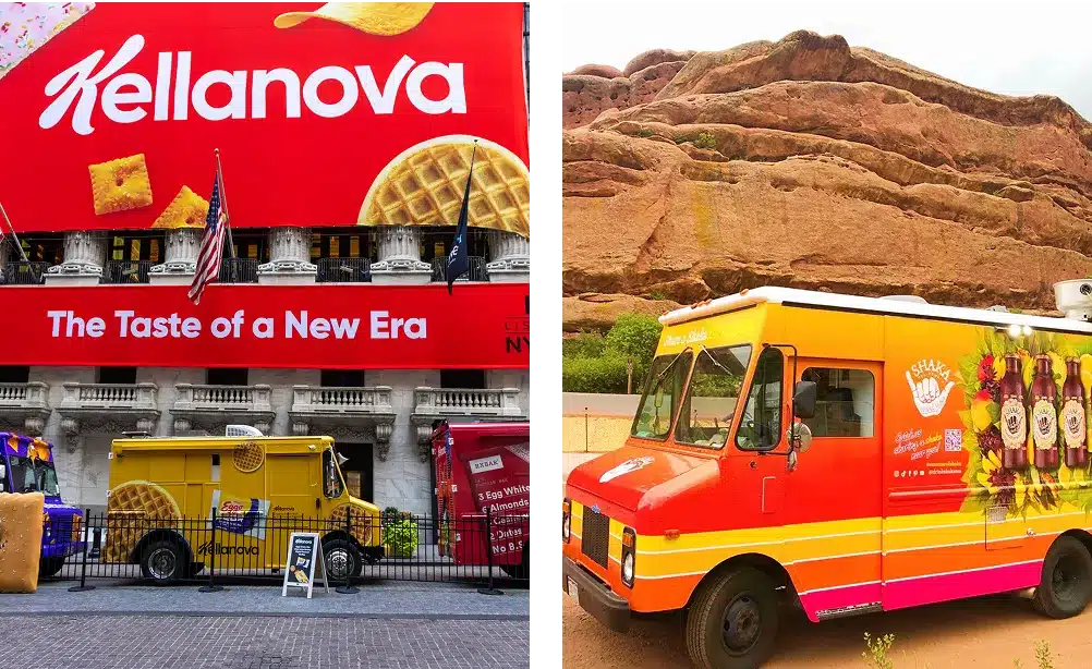 Split image: Left shows a Kellanova-branded building and yellow food truck with waffles, flags, and “The Taste of a New Era” banner. Right shows a colorful food truck parked near red rock formations.