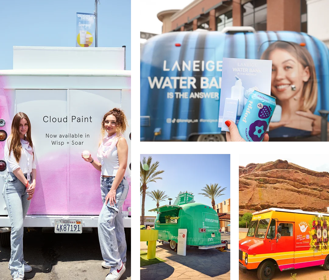 A collage shows colorful branded trucks—examples of Experiential Marketing Strategies—including a pink Cloud Paint truck with two women posing, a blue Laneige truck, a green Intimissimi truck, and an orange-striped truck, all in bright outdoor locations.