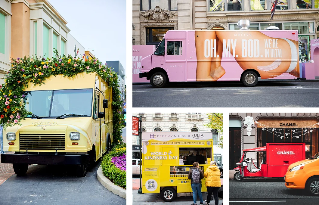 A collage of four colorful food trucks showcases creative experiential marketing strategies: one yellow with flowers, one pink with “OH. MY. BOD.” text, one yellow for World Kindness Day, and a small red truck featuring the Chanel logo.