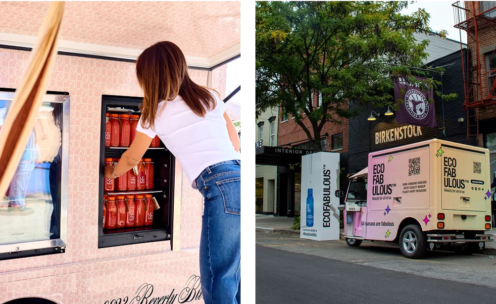 A woman retrieves a bottle from a pink beverage truck on the left; on the right, the same truck—showcasing “ECO FABULOUS” branding—is parked near a Birkenstock store, illustrating creative experiential marketing strategies.