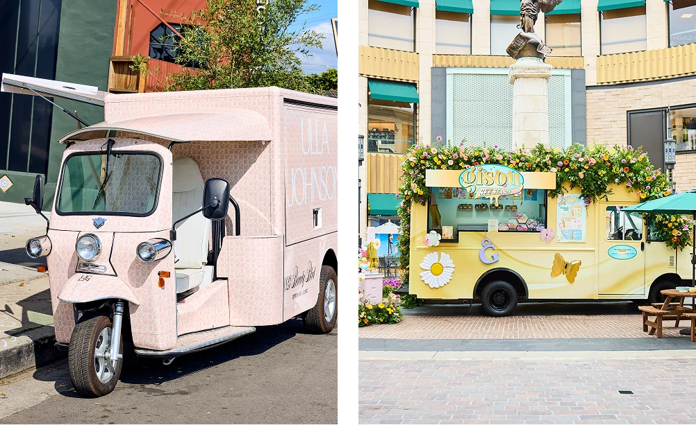 Split image: Left side shows a pink patterned three-wheeled food truck parked by a sidewalk. Right side features a yellow, flower-decorated food truck with a butterfly design—both showcasing unique experiential marketing strategies.